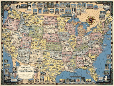 12286.Decoration Poster.Vintage Interior wall design.1938 U.S pictorial fun map