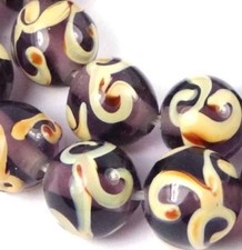 8 Lampwork Handmade Glass "Amethyst Accents" Purple Beige Swirl Round Beads 12mm