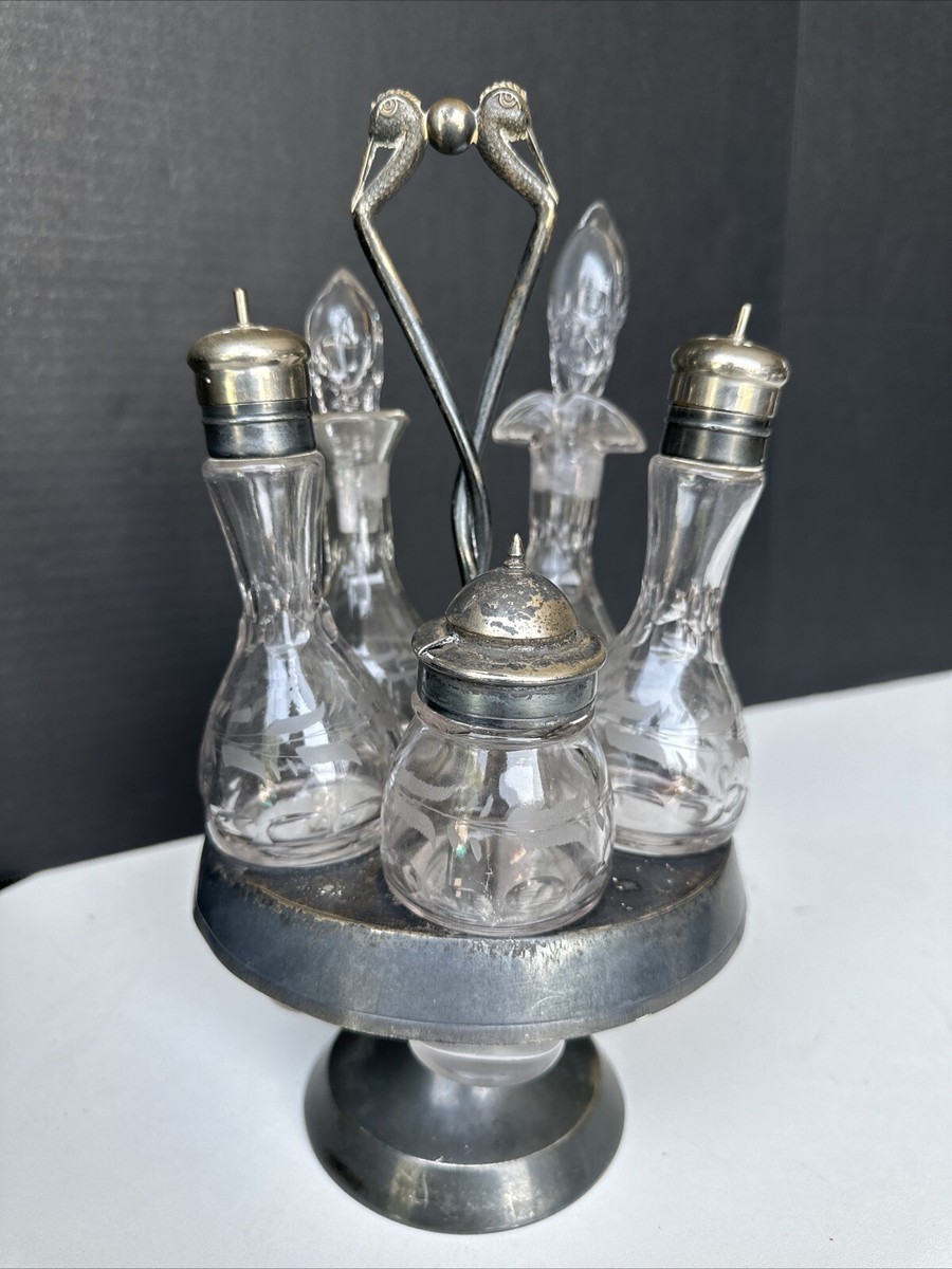 Vintage 5 piece Cruet Set with Silver Plate Stand Wedge Shaped