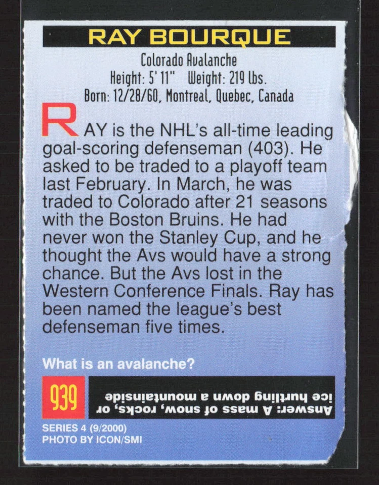 2000 Sports Illustrated for Kids I (Jan-Nov 2000) #939 Ray Bourque (B) - Image 2 of 2
