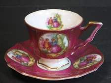 VTG Royal Sealy Fragonard Love Story Demitasse Cup Saucer Set Burgundy Gold Mint