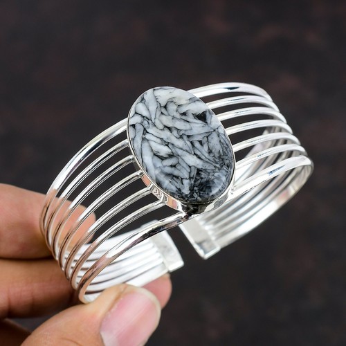 Oval Natural Pinolith Jasper 925 Silver Handmade Bezel Mother Gift Ethnic Bangle - Picture 3 of 7