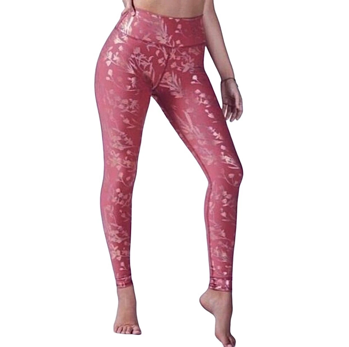 Fabletics High Waist PowerHold Rose Gold Floral Foil Print