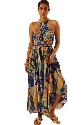 brown maxi silk dress Silk Rib U Halter Fluid Maxi Dress
