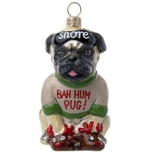 Joy To The World Bah Hum Pug Fawn Dog Polish Glass Christmas Tree Ornament