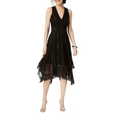 Taylor Black Lace V Neck Midi Dress Asymmetrical Hem Sleeveless Cocktail Small