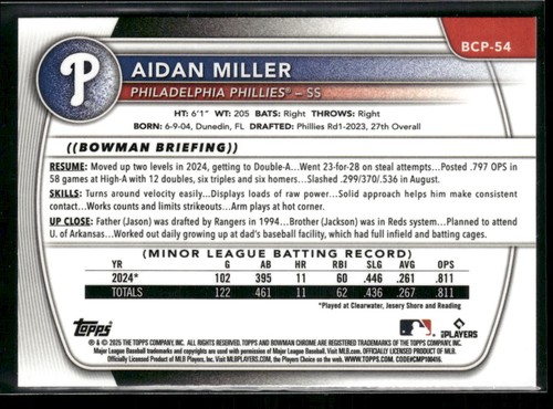 Bowman #BCP-54 2025 Aidan Miller Chrome Prospects Philadelphia Phillies - Imagen 2 de 2