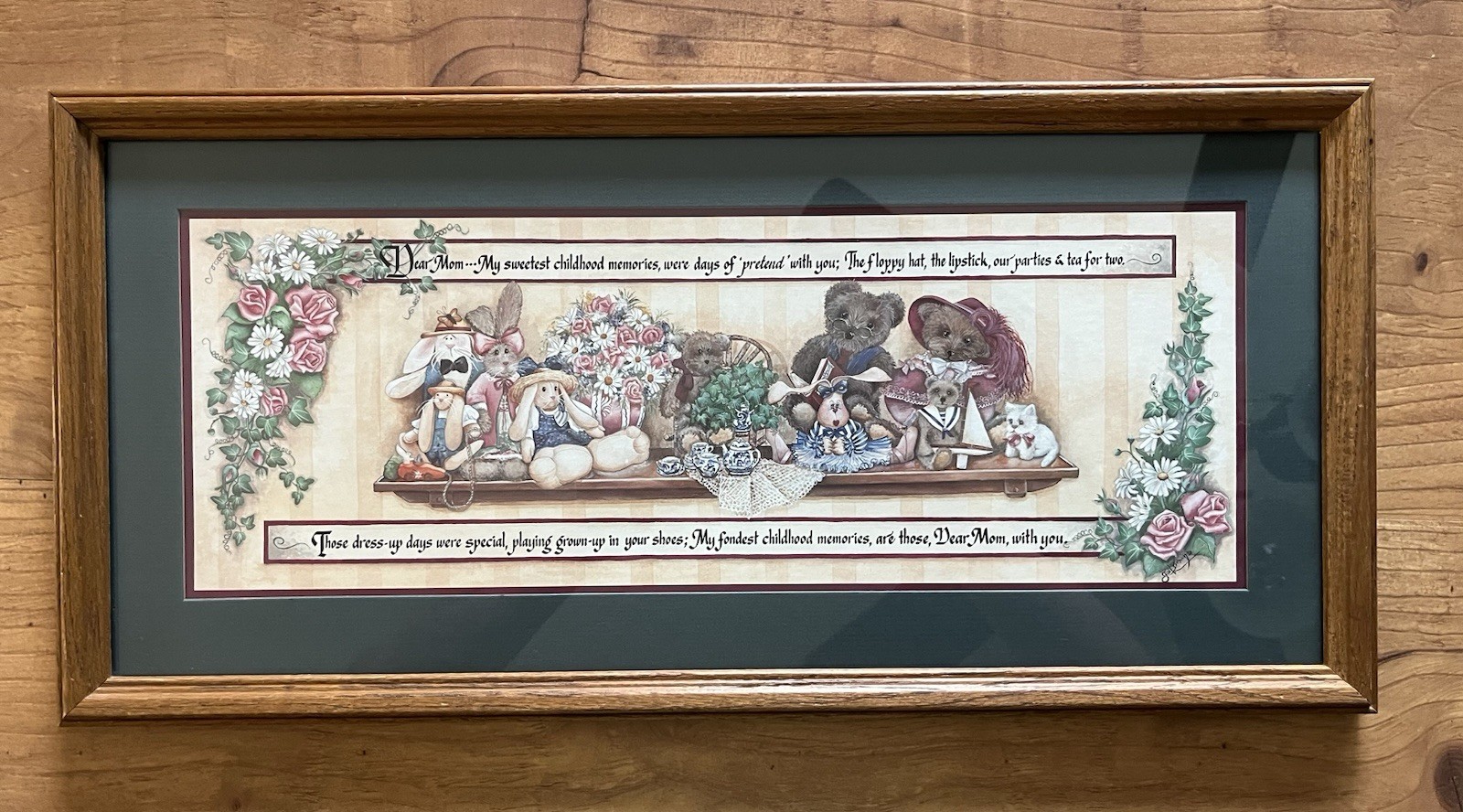 Home Interiors DEAR MOM Picture Bears Rabbits Kitty Floral Print Wood Frame RARE