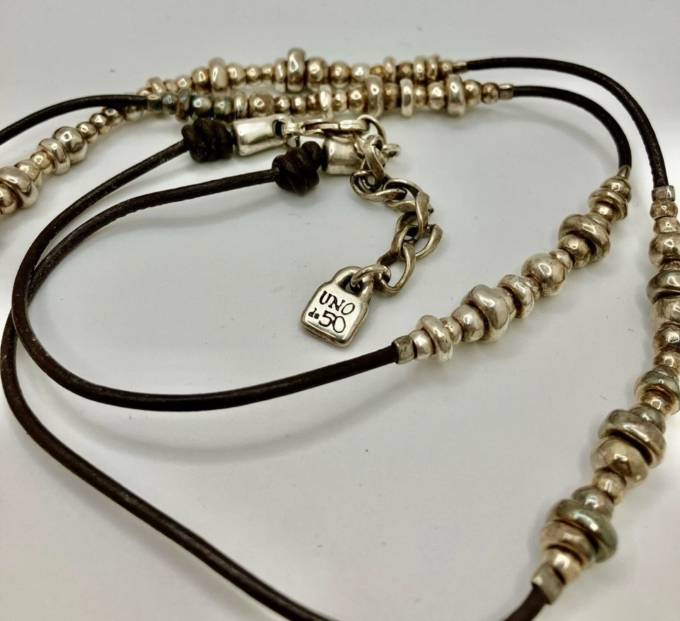 UNO De 50 Crescent Pendant Necklace W/Pearl & Leather Cord Silver-Plated Lot# - Image 4 of 4