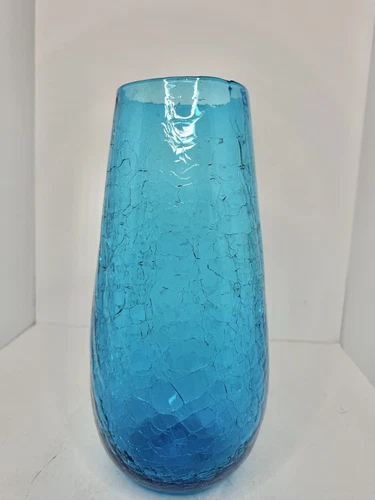 Vintage MCM Blenko Glass 6323L Turquoise Crackle Vase 12.5” Stunning
