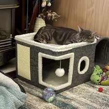 Luxury Foldable Cat House Cube Bed 2-Tier Condo Tunnel Scratcher Toy Indoor