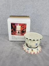 Vintage Ceramic Christmas Tree Pillar Candle Holder Snowflakes & Presents 3.5"