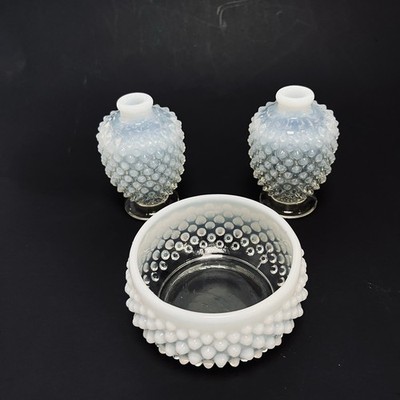 Vintage Fenton White Opalescent Hobnail Vanity Jars No Lids