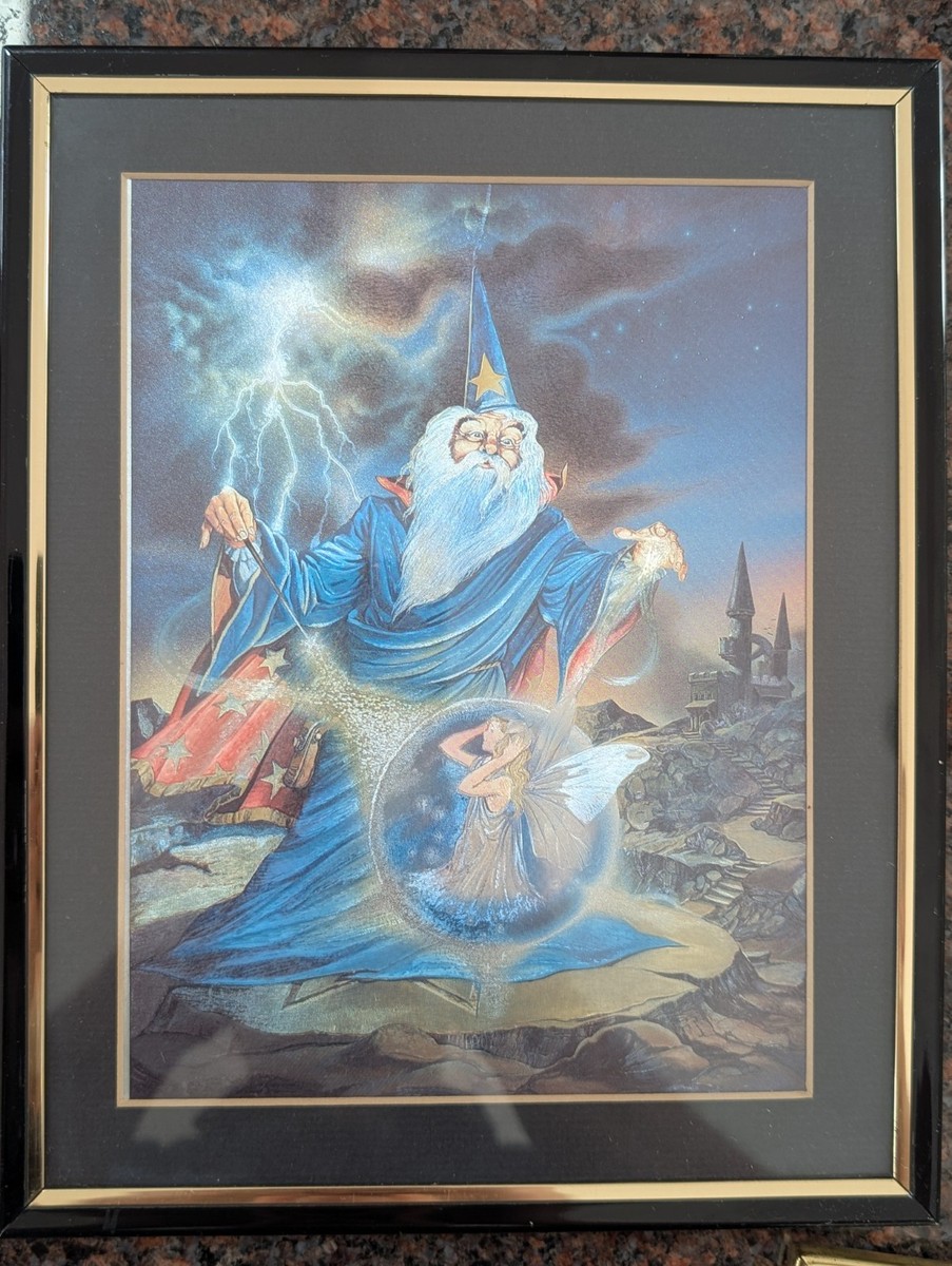 Vintage Dufex Foil Print 3D Effect Fantasy Art Wizard Fairy Framed