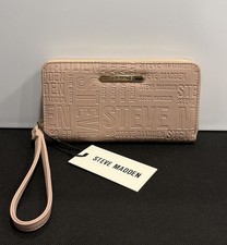 Steve Madden Large Zip Around Wallet Embossed Logo Vegan Wristlet Blush Pink New