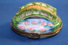 French Limoges Trinket Box BRidge Over Pond with Pink Flowers ~TRINKET INSIDE