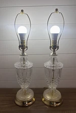 Pair  Vintage Crystal Cut Glass Table Lamps Gold Hollywood Regency Boudoir