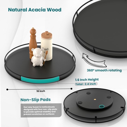 16" Acacia Wood Lazy Susan Turntable with Metal Frame - Large Black Lazy Susa... - Picture 2 of 6