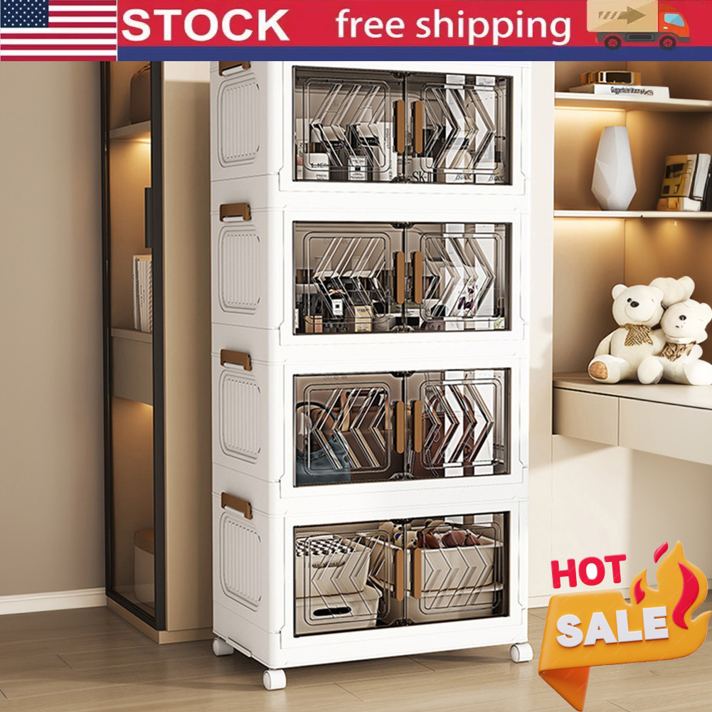 4-Tier Stackable Storage Bins with Lids Doors Wheels and Removable Drawers