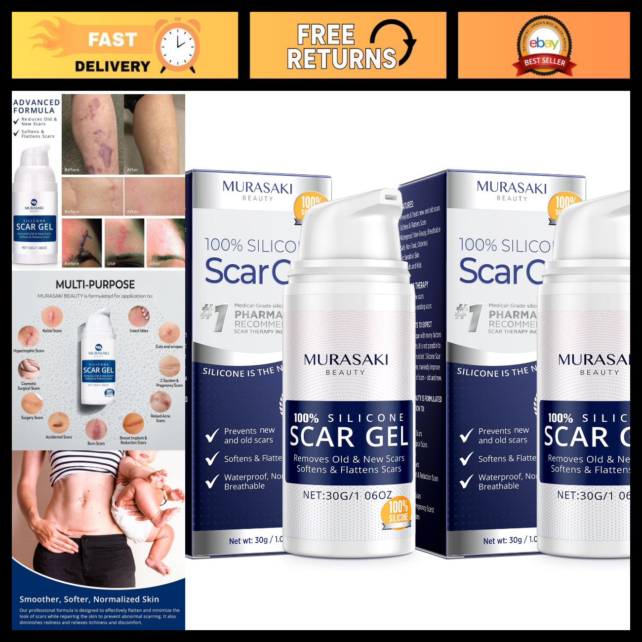 Silicone Scar Gel 2 Pack - 2 x 1.06oz Tubes for Surgical, Acne, Keloids, Burns,