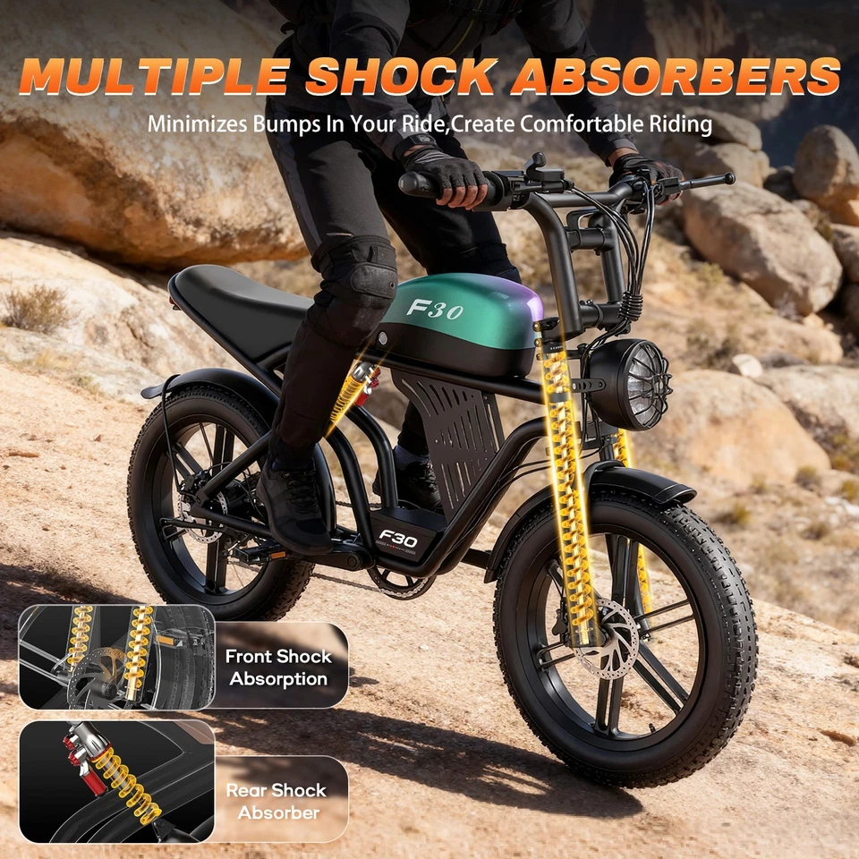 Bicicleta elétrica 1500W para adultos 32MPH 48V 20AH 75 milhas 20" pneu gordo mountain bike - Imagem 3 de 4