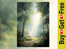 Sunlit Woodland Path 5"x7" Print on Matte Paper | Serene Oil Forest Landscape