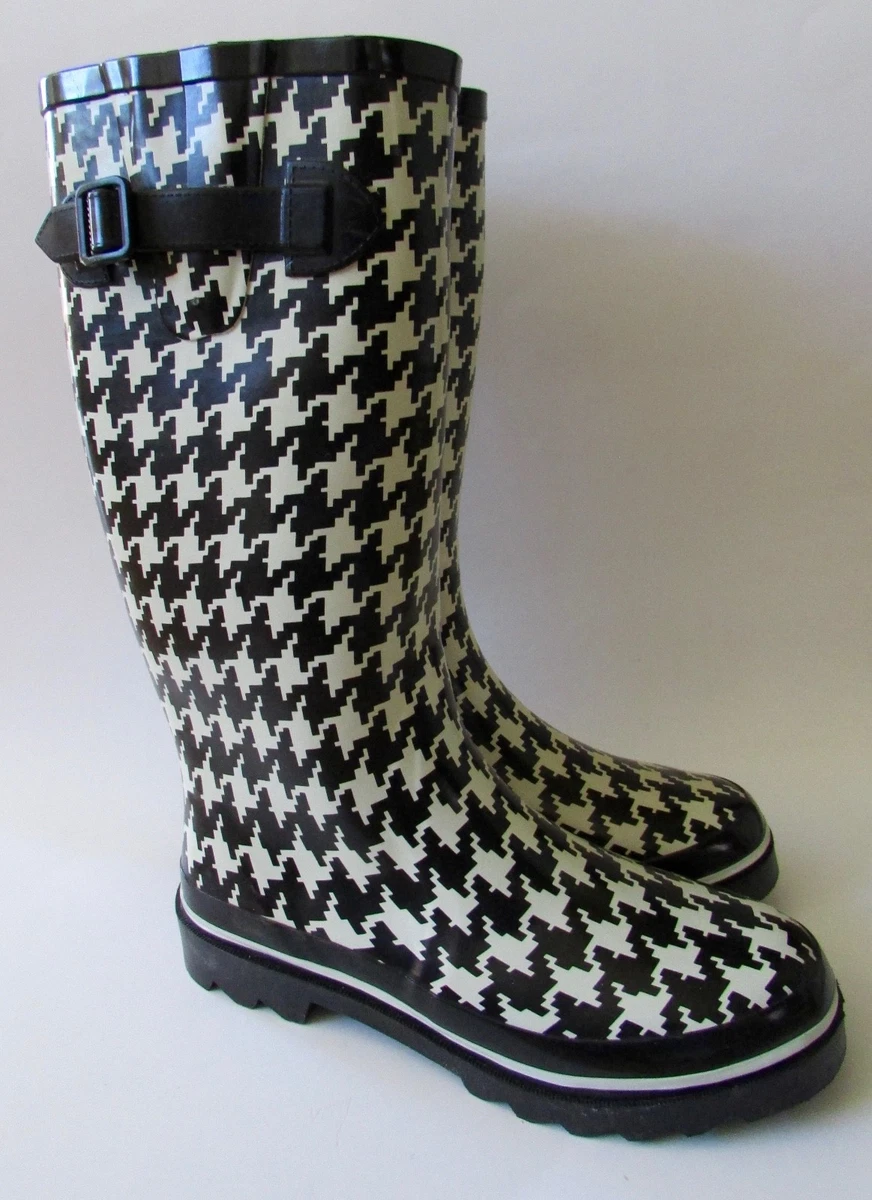 NEW Talbots Black White Houndstooth Check Rubber Boots Sz 8 eBay