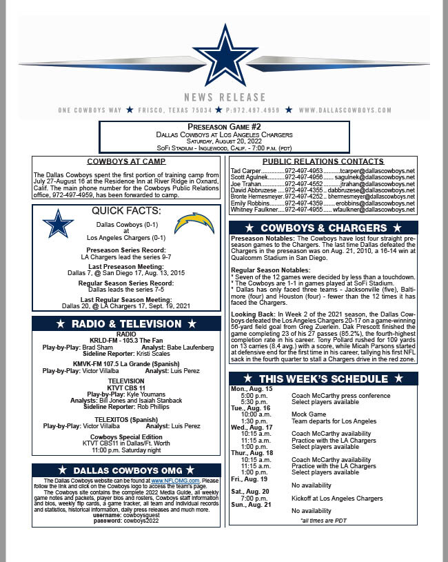 NFL-Dallas Cowboys at Los Angeles Chargers Game Release Media Notes-Aug 20, 2022 | eBay NFL-Dallas Cowboys at Los Angeles Chargers Game Release Media Notes-Aug 20, 2022 | eBay