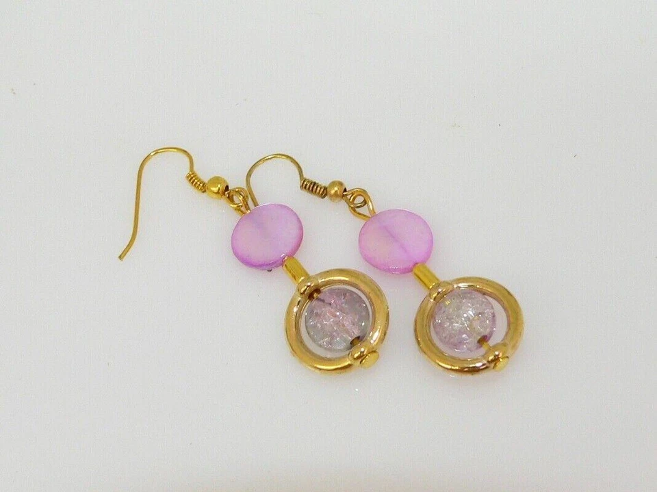 2er Schmuckset Halskette Ohrring Perlmutt Glasperle crash violett pink gold 297g - Bild 4 von 4