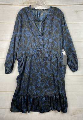 Black Tape Dress Womens 2X Blue Black Animal Print Satin Flowy Long Sleeve  NWT | eBay
