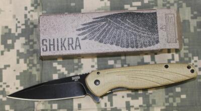 Ontario 8599 Shikra Folding Knife Linen Micarta/Titanium Handles AUS8 Plain NEW!