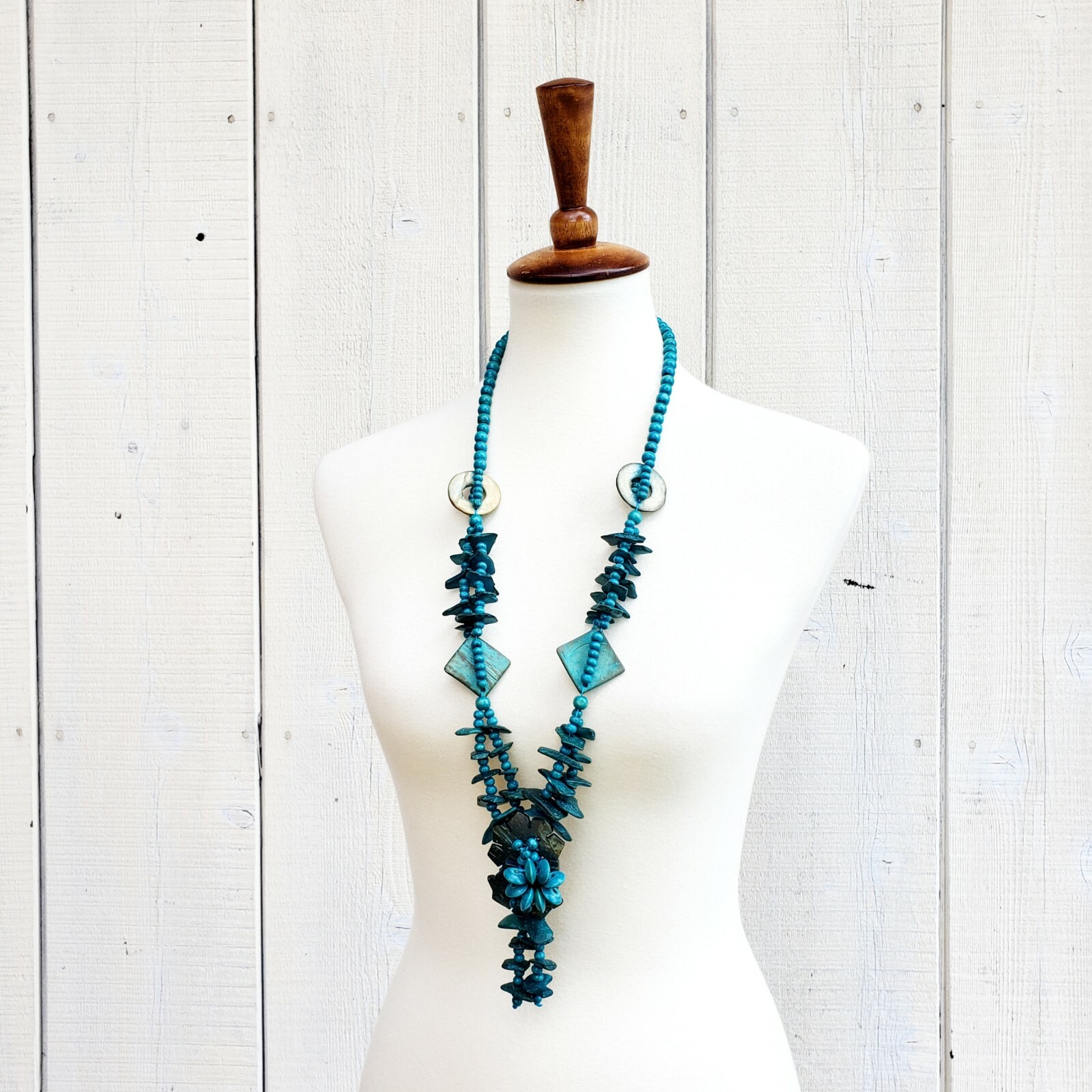 Vintage Statement Coconut Shell Blue Bead Boho Be… - image 2