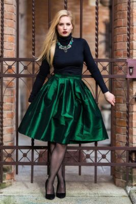 Women Emerald Green Taffeta Skirt Knee Length Pleated One Pocket