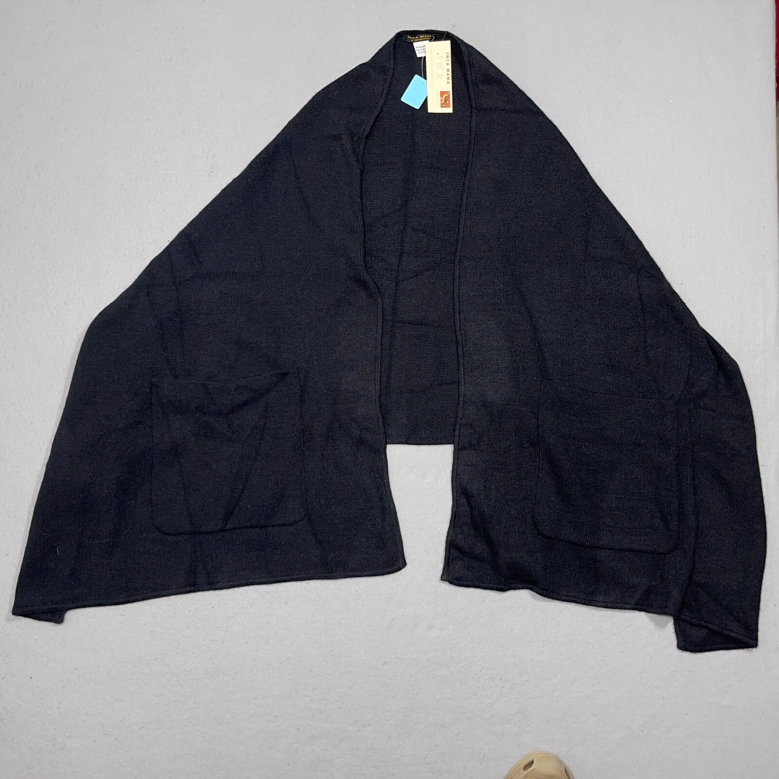 INCA MAMA by Carmela Pinillos Black Angora Blend Shawl Wrap Scarf Pockets NWT