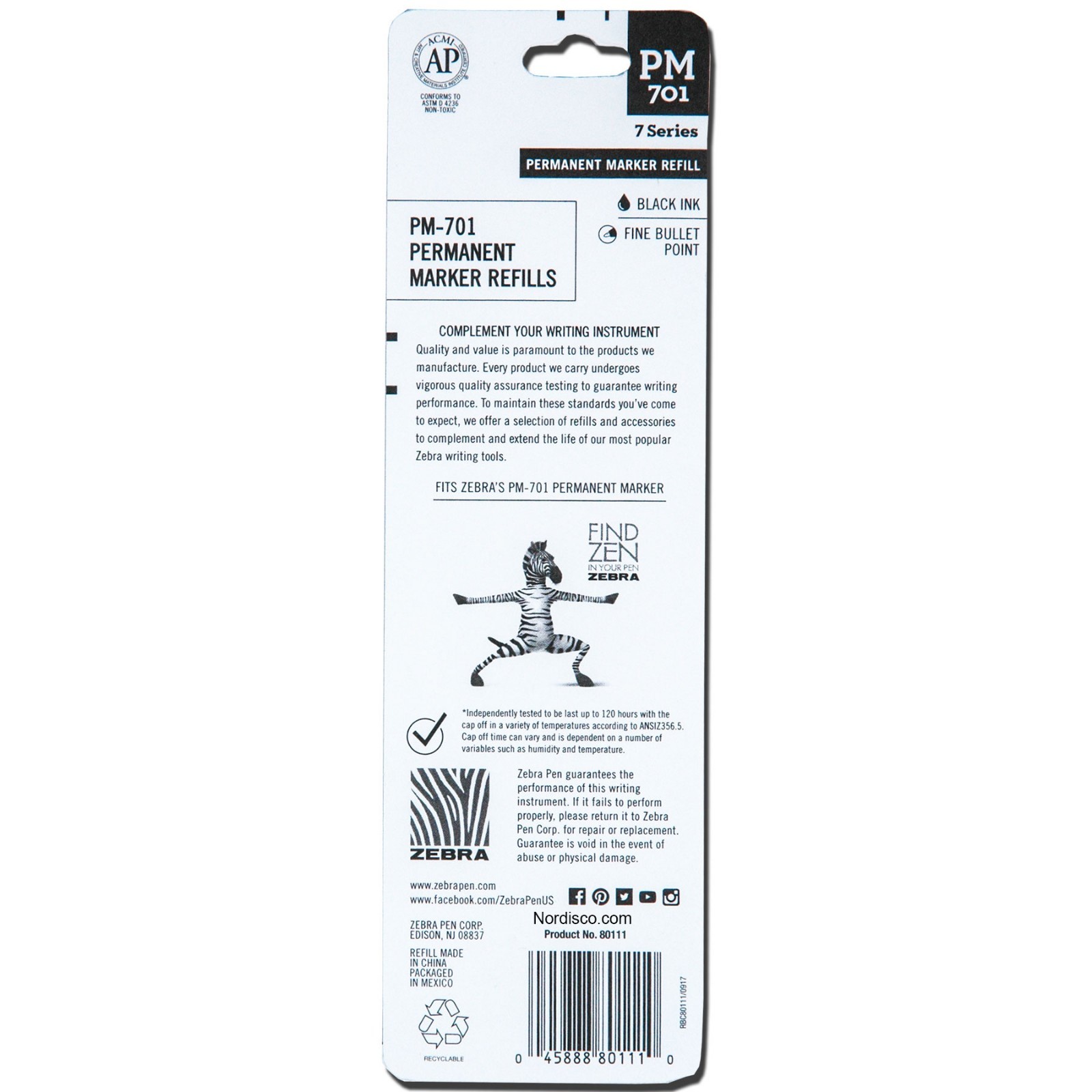 Zebra 65111 PM-701 Black Ink Stainless Steel Permanent Marker With Refills