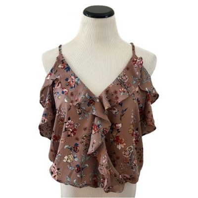 EUC Moa Moa Mauve Floral Ruffle Cold-Shoulder Spaghetti Strap Blouse. Size L.