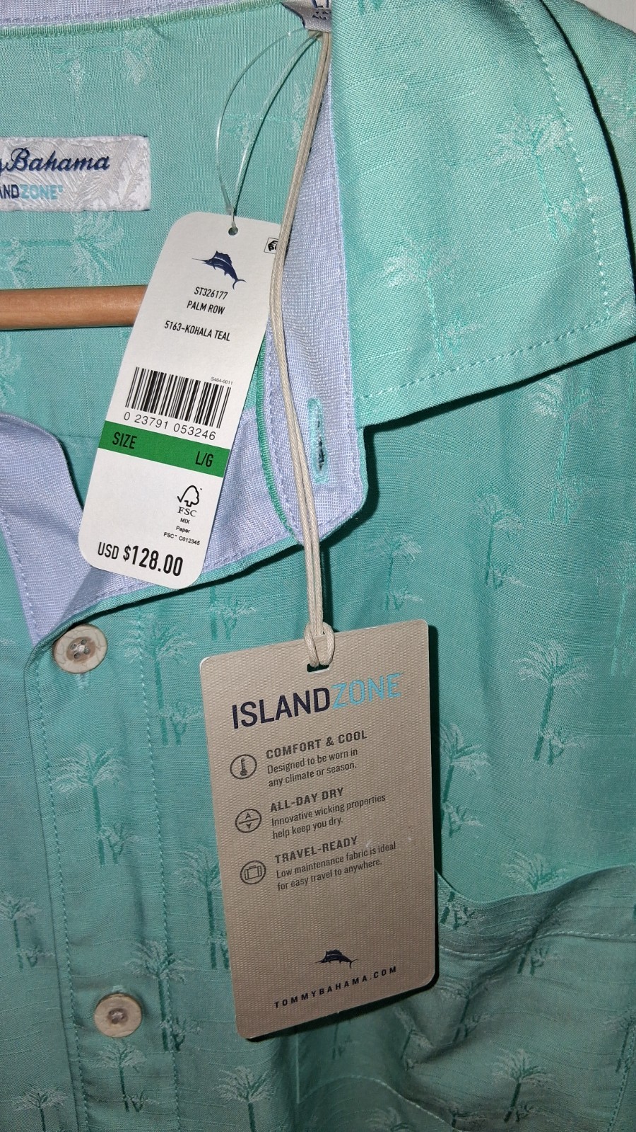 FILA Camicia Tommy Bahama Island Zone Palm Row Kohala Teal da uomo taglia large con bottoni