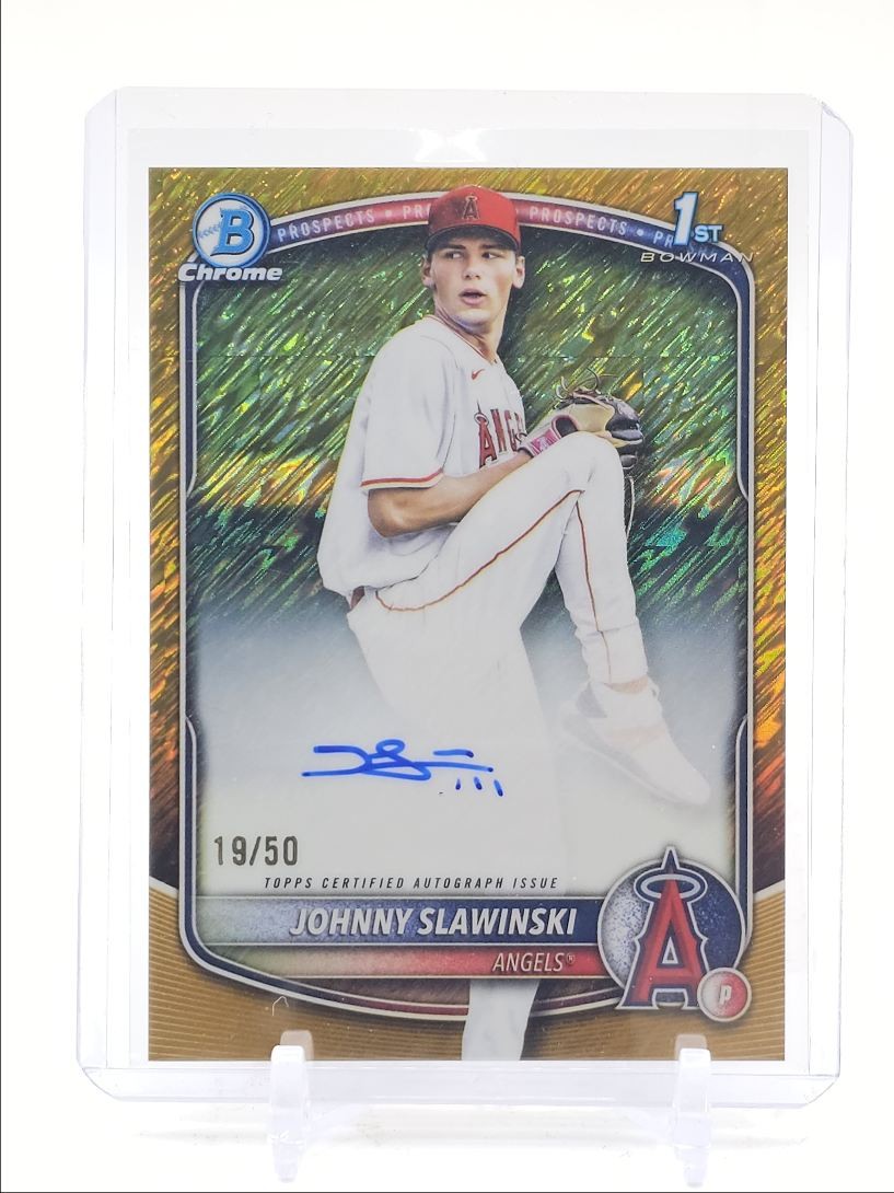 JOHNNY SLAWINSKI 2025 BOWMAN CHROME DRAFT 1ST GOLD SHIMMER AUTO /50 Q5729