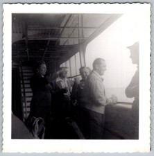 Vtg B&W Snapshot Happy Group Socializing On Ferry Boat Deck With Drinks 1950s