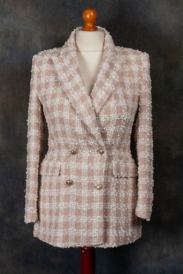Zara karierter strukturierter zweireihiger Blazer aus Boucle-Gewebe in Rosa/Weiß. UK 16