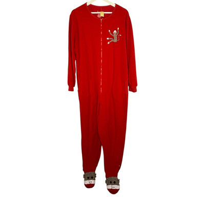 Nick & Nora Red Fleece Sock Monkey Zip Up Pajama Jumpsuit - US Unisex L
