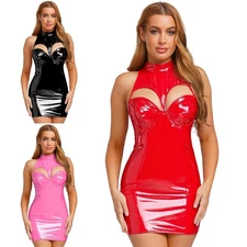 Womens Wet Look PU Mini Dress Sleeveless Hollow-out Push-up Bra Bodycon Dress