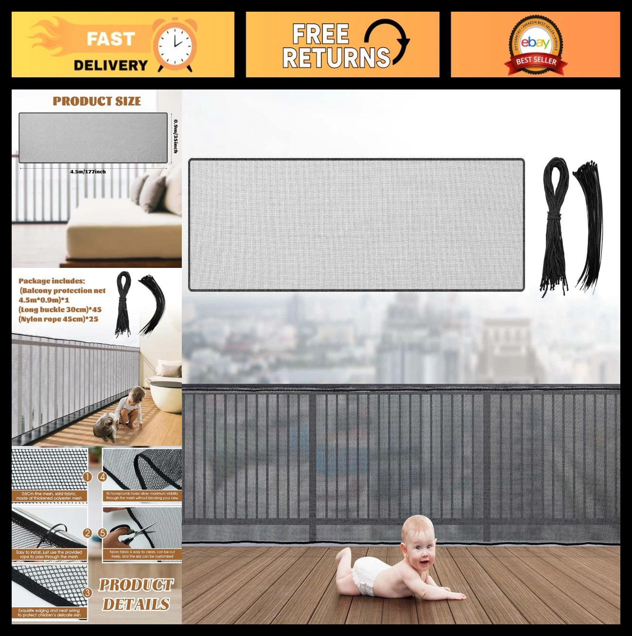 Safety Net for Kids & Pets - 15x3ft Balcony Guard, Stairway Mesh, No Drilling