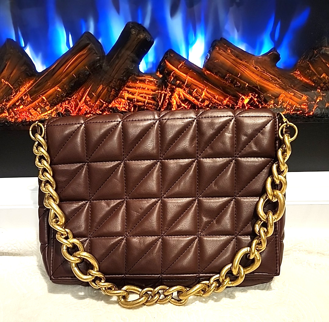 Zara Brown Quilted Gold Tone Chunky Chain Shoulder Bag Purse