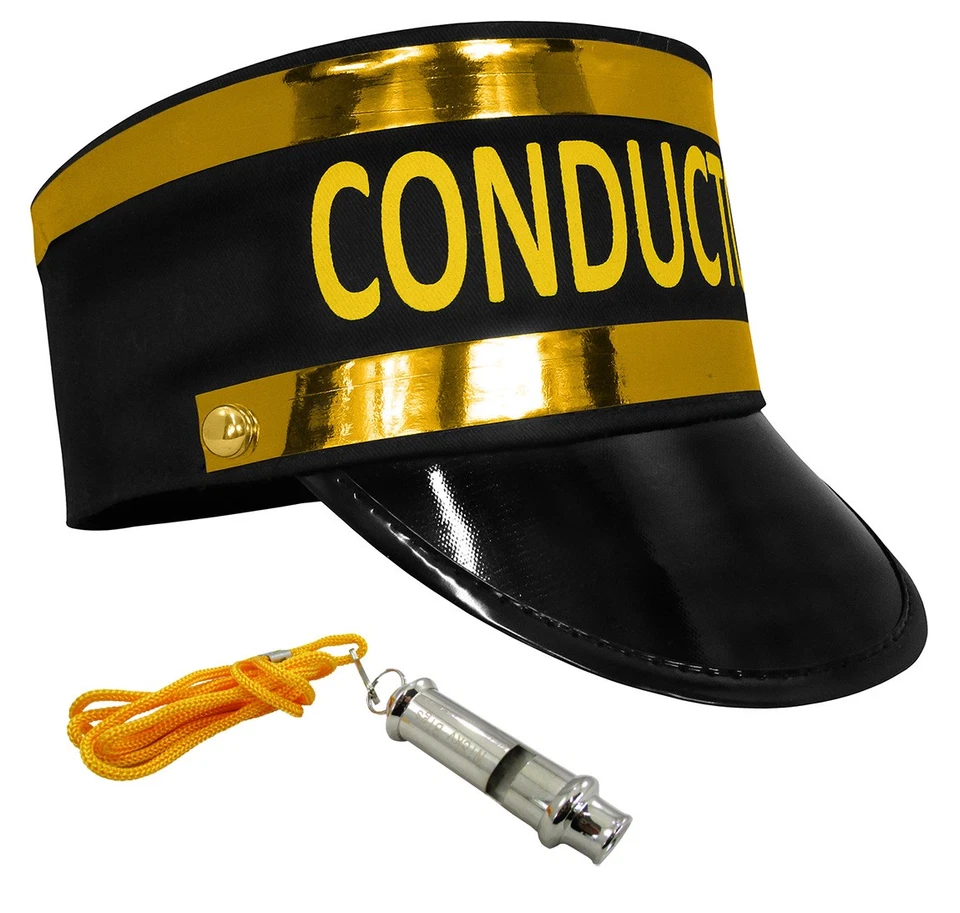 Conjunto de sombrero y silbato conductor de tren accesorio de disfraz negro y dorado Foto 2 de 4