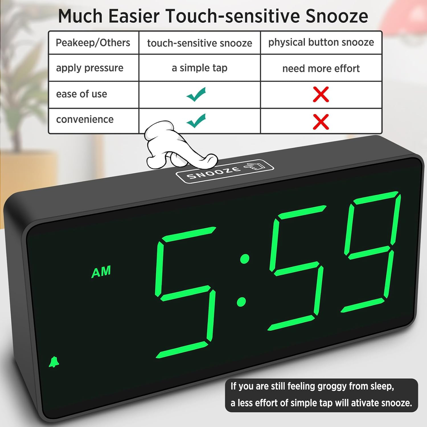 Peakeep Battery Operated Digital Alarm Clock for Bedrooms - Cordless Large Big 