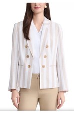 Jones New York Natural Stone/White Striped Linen Blend Open Jacket. Sz S. NWT