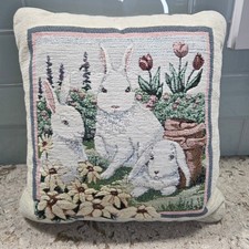 Vintage Woven Tapestry Bunny Rabbit Garden Throw Pillow Easter Cottagecore Decor