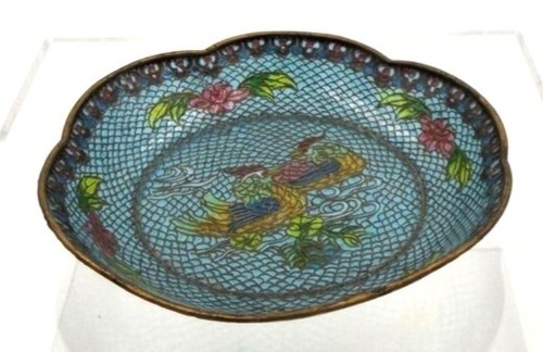 Vintage Chinesische Schale Transparent Emaille Vogelschale Kupferfarben 5" - Bild 2 von 3