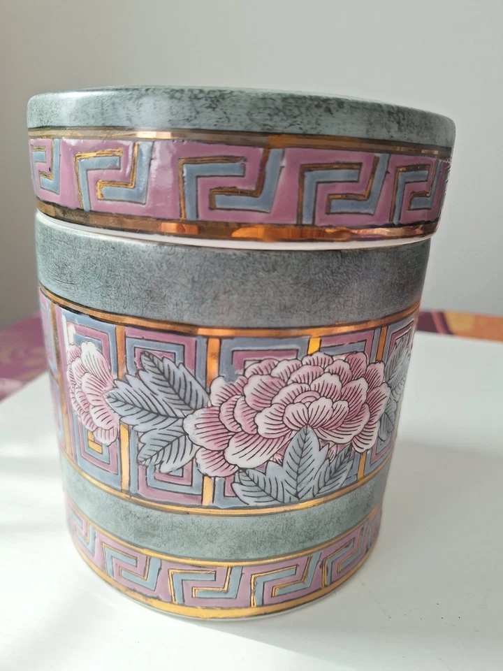 joli pot a coton , boite en céramique a decors de fleurs ,chine (Dal2) - Photo 4/4